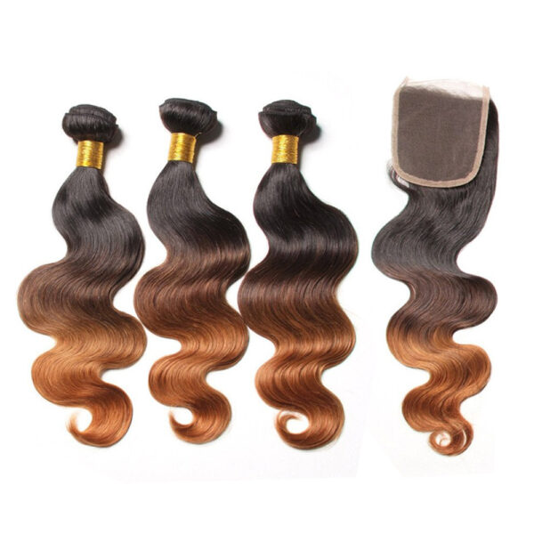 Body Wave HD Lace Closure 4x4 3 Bundles 1B30 Medium Auburn Two Tone With Dark Roots Human Hair