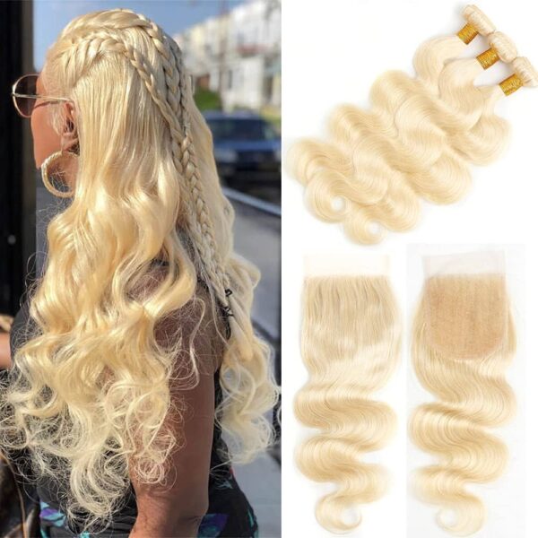 Body Wave HD Lace Closure 4x4 3 Bundles 613 Bleach Blonde Human Hair 1