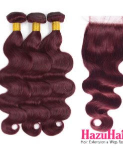Body Wave HD Lace Closure 4x4 + 3 Bundles #99J Burgundy / Dark Red Human Hair