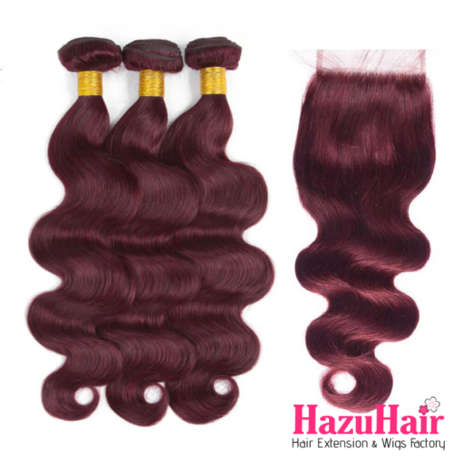 Body Wave HD Lace Closure 4x4 + 3 Bundles #99J Burgundy / Dark Red Human Hair