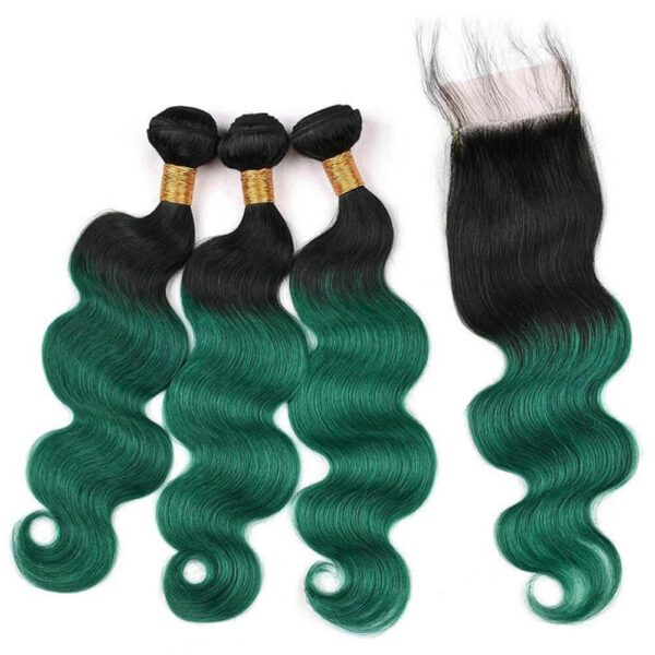 Body Wave HD Lace Closure 4x4 3 Bundles Emerald Green Ombre With Black Roots Human Hair 1