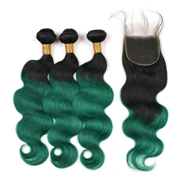 Body Wave HD Lace Closure 4x4 3 Bundles Emerald Green Ombre With Black Roots Human Hair 2