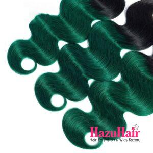 Body Wave HD Lace Closure 4x4 3 Bundles Emerald Green Ombre With Black Roots Human Hair 5