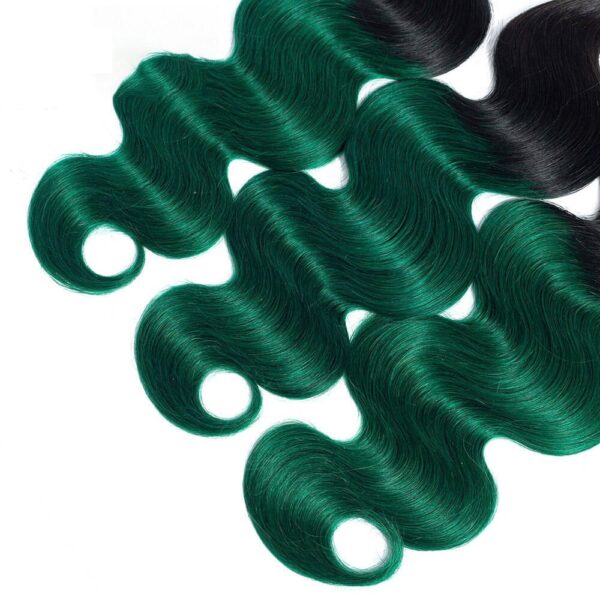 Body Wave HD Lace Closure 4x4 3 Bundles Emerald Green Ombre With Black Roots Human Hair 5