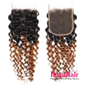 Deep Wave HD Lace Closure 4x4 3 Bundles 1B30 Medium Auburn Two Tone With Dark Roots Human Hair 1