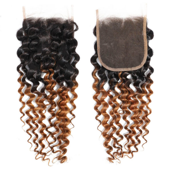 Deep Wave HD Lace Closure 4x4 3 Bundles 1B30 Medium Auburn Two Tone With Dark Roots Human Hair 1