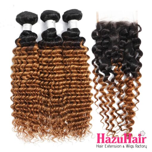 Deep Wave HD Lace Closure 4x4 + 3 Bundles #1B/30 Medium Auburn Two Tone With Dark Roots Human Hair