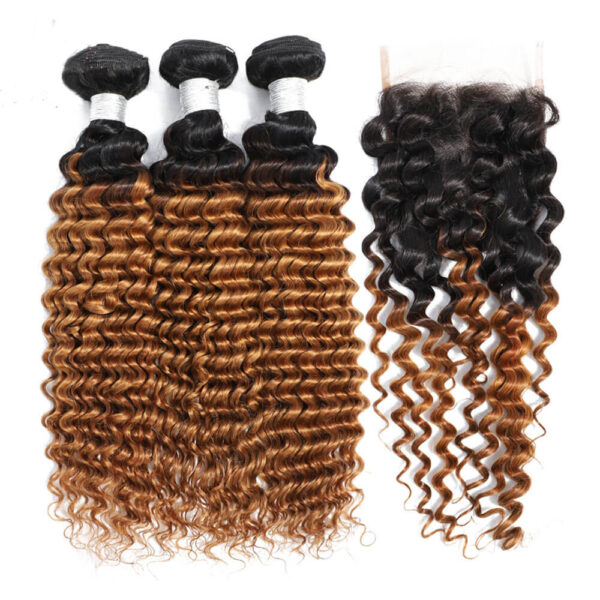 Deep Wave HD Lace Closure 4x4 3 Bundles 1B30 Medium Auburn Two Tone With Dark Roots Human Hair 5