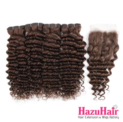 Deep Wave HD Lace Closure 4x4 + 3 Bundles #4 Chocolate Brown Human Hair