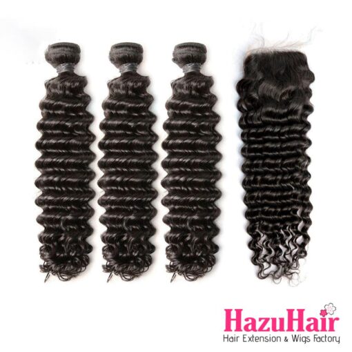 Deep Wave HD Lace Closure 4x4 + 3 Bundles Natural Black Human Hair