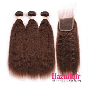 Kinky Straight HD Lace Closure 4x4 3 Bundles 4 Chocolate Brown Human Hair 1