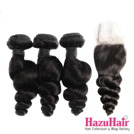 Loose Wave Brazilian HD Lace Closure 4x4 + 3 Bundles Natural Black Human Hair