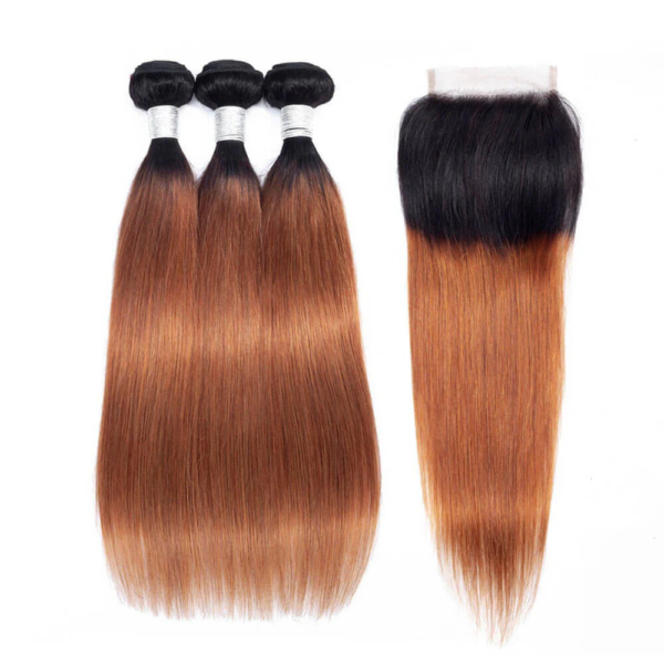 Straight HD Lace Closure 4x4 3 Bundles 1B30 Light Auburn Ombre Hair With Dark Roots Human Hair 1