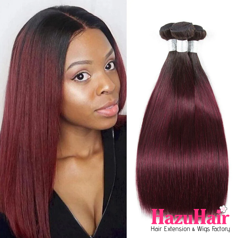 Straight HD Lace Closure 4x4 3 Bundles 1B99J Burgundy Dark Wine With Dark Roots Human Hair 4