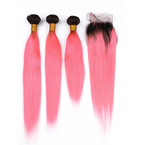 Straight HD Lace Closure 4x4 3 Bundles 1BLight Pink Ombre With Black Roots Human Hair 1