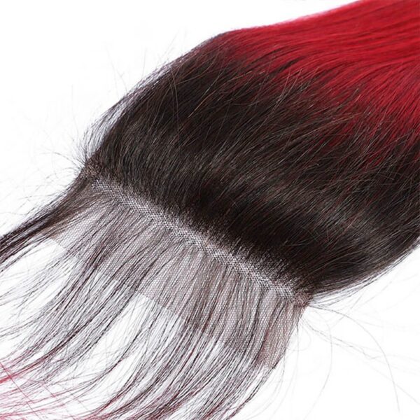 Straight HD Lace Closure 4x4 3 Bundles 1BLight Red Ombre With Black Roots Human Hair 1