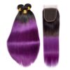 Straight HD Lace Closure 4x4 3 Bundles 1BPurple Ombre With Black Roots Human Hair 1