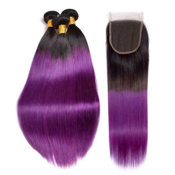 Straight HD Lace Closure 4x4 3 Bundles 1BPurple Ombre With Black Roots Human Hair 1