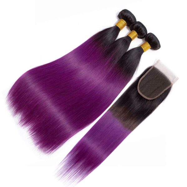 Straight HD Lace Closure 4x4 3 Bundles 1BPurple Ombre With Black Roots Human Hair 2