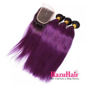 Straight HD Lace Closure 4x4 3 Bundles 1BPurple Ombre With Black Roots Human Hair 3