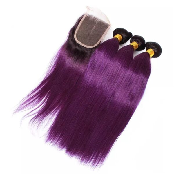 Straight HD Lace Closure 4x4 3 Bundles 1BPurple Ombre With Black Roots Human Hair 3