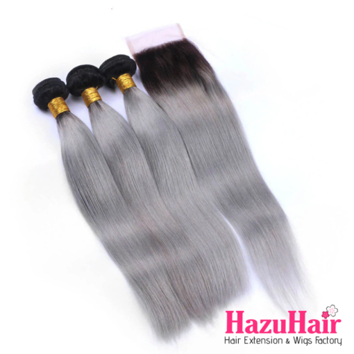 Straight HD Lace Closure 4x4 + 3 Bundles #1B/Silver Gray Ombre With Dark Roots Human Hair