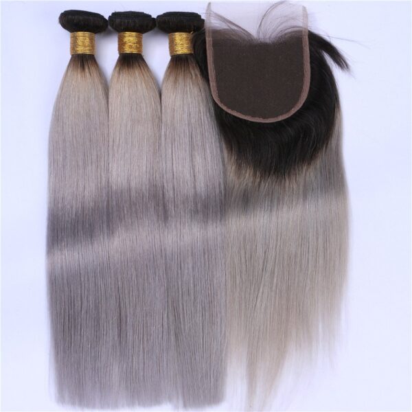 Straight HD Lace Closure 4x4 3 Bundles 1BSilver Gray Ombre With Dark Roots Human Hair 1