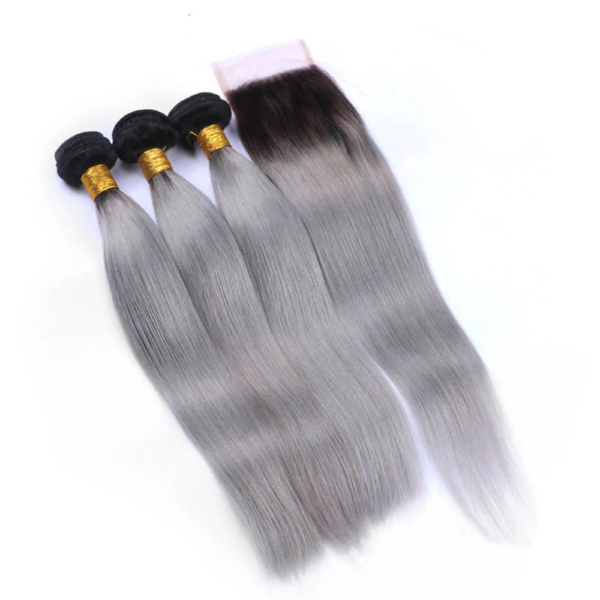 Straight HD Lace Closure 4x4 3 Bundles 1BSilver Gray Ombre With Dark Roots Human Hair 1