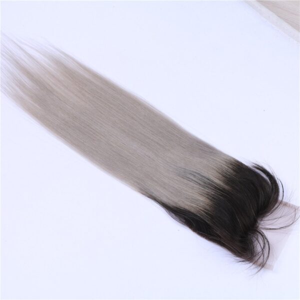 Straight HD Lace Closure 4x4 3 Bundles 1BSilver Gray Ombre With Dark Roots Human Hair 3