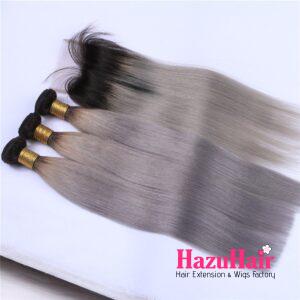 Straight HD Lace Closure 4x4 3 Bundles 1BSilver Gray Ombre With Dark Roots Human Hair 6