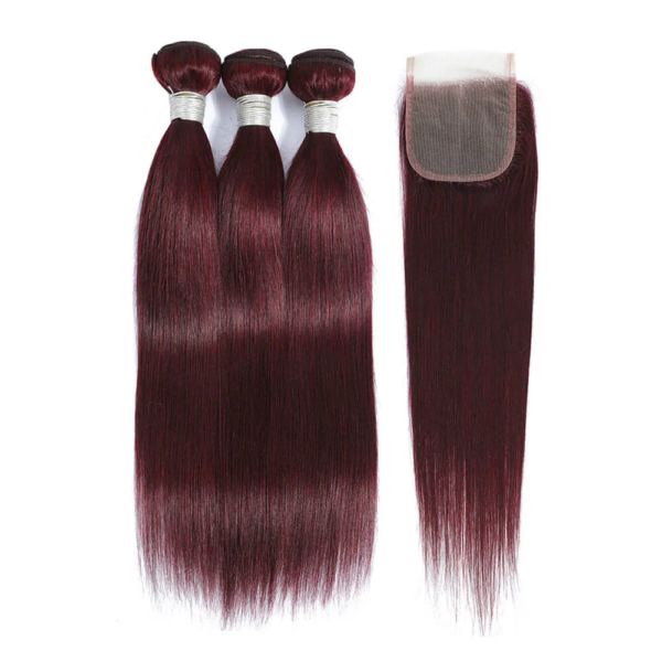 Straight HD Lace Closure 4x4 3 Bundles 99J Burgundy Dark Red Human Hair 1