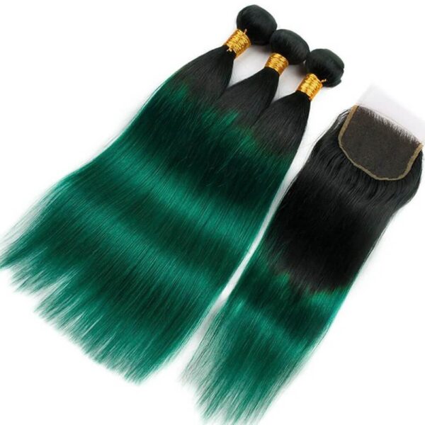 Straight HD Lace Closure 4x4 3 Bundles Hunter Green With Black Roots Human Hair 1