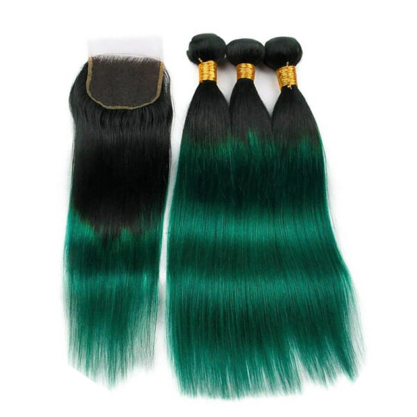 Straight HD Lace Closure 4x4 3 Bundles Hunter Green With Black Roots Human Hair 5