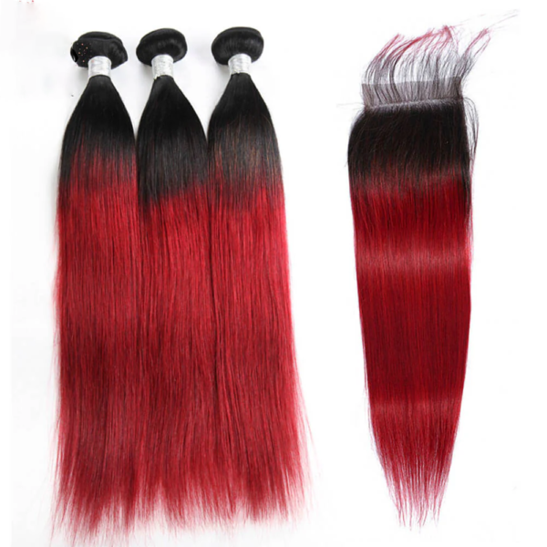 Straight HD Lace Closure 4x4 3 Bundles Light Red Ombre With Dark Roots Human Hair 1