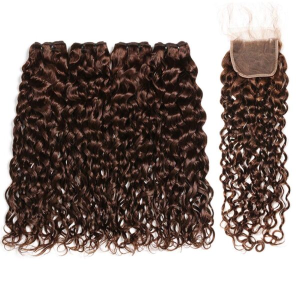 Water Wave HD Lace Closure 4x4 3 Bundles 4 Chocolate Brown Human Hair 1