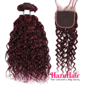 Water Wave HD Lace Closure 4x4 3 Bundles 99J Burgundy Dark Red Human Hair 1