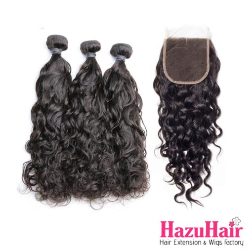 Water Wave HD Lace Closure 4x4 + 3 Bundles Natural Black Human Hair