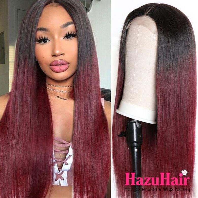 HazuHair Ombre Human Hair Wig 4X4 Lace Closure Burgundy Wig