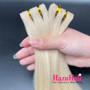 Invisible Tape In Hair Extensions with 60 Platinum Ash Blonde Color Straight Hair 1