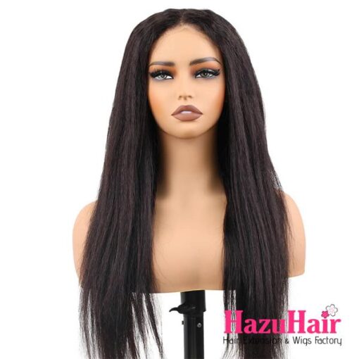 Long Kinky Straight Hair Wigs 24 inch #1B Black Color Human Hair 4×4 HD Lace Closure Wigs